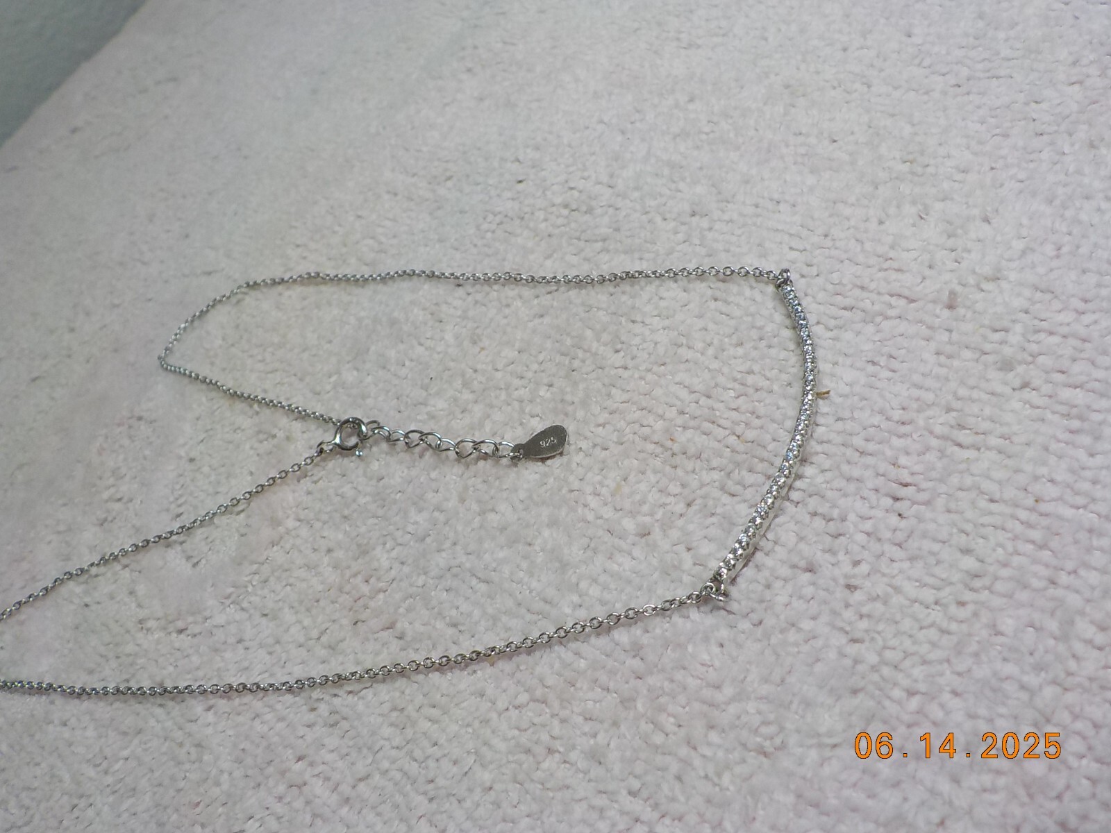 STERLING SILVER TINY ROLO LINK NECKLACE W/FIXED CURVED CRYSTAL STUDDED PENDANT