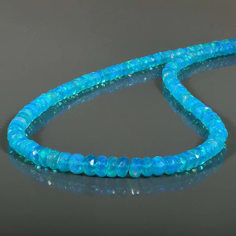 Natural Sky Blue Opal Beaded Necklace 925 Sterling Silver 18″ Handmade Gift