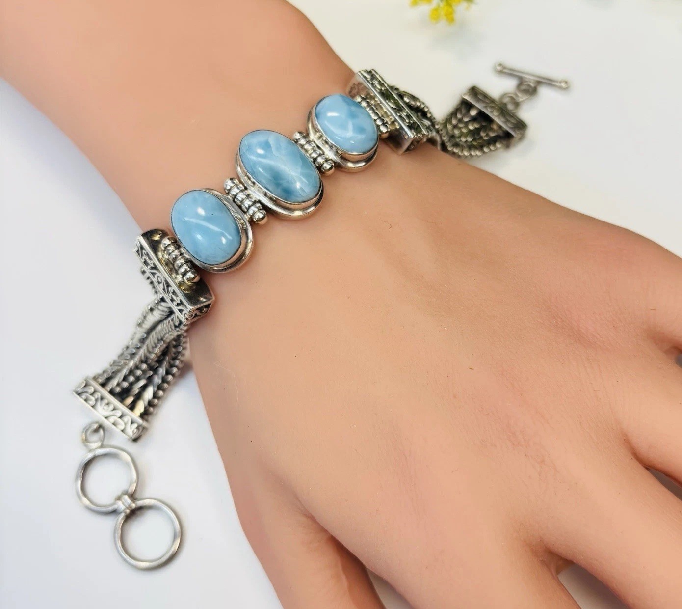 MARAHLAGO Sterling Silver925 Larimar 3 Stone Foxtail Chain Toggle Bracelet 7.5”L