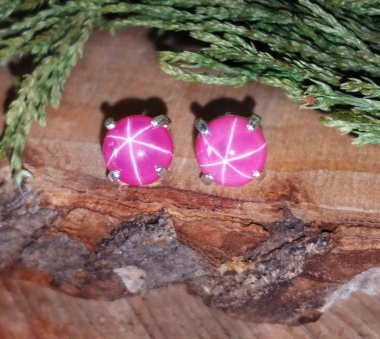Natural Pink Star Sapphire Stud Earrings 925 Sterling Silver Asterism Gem