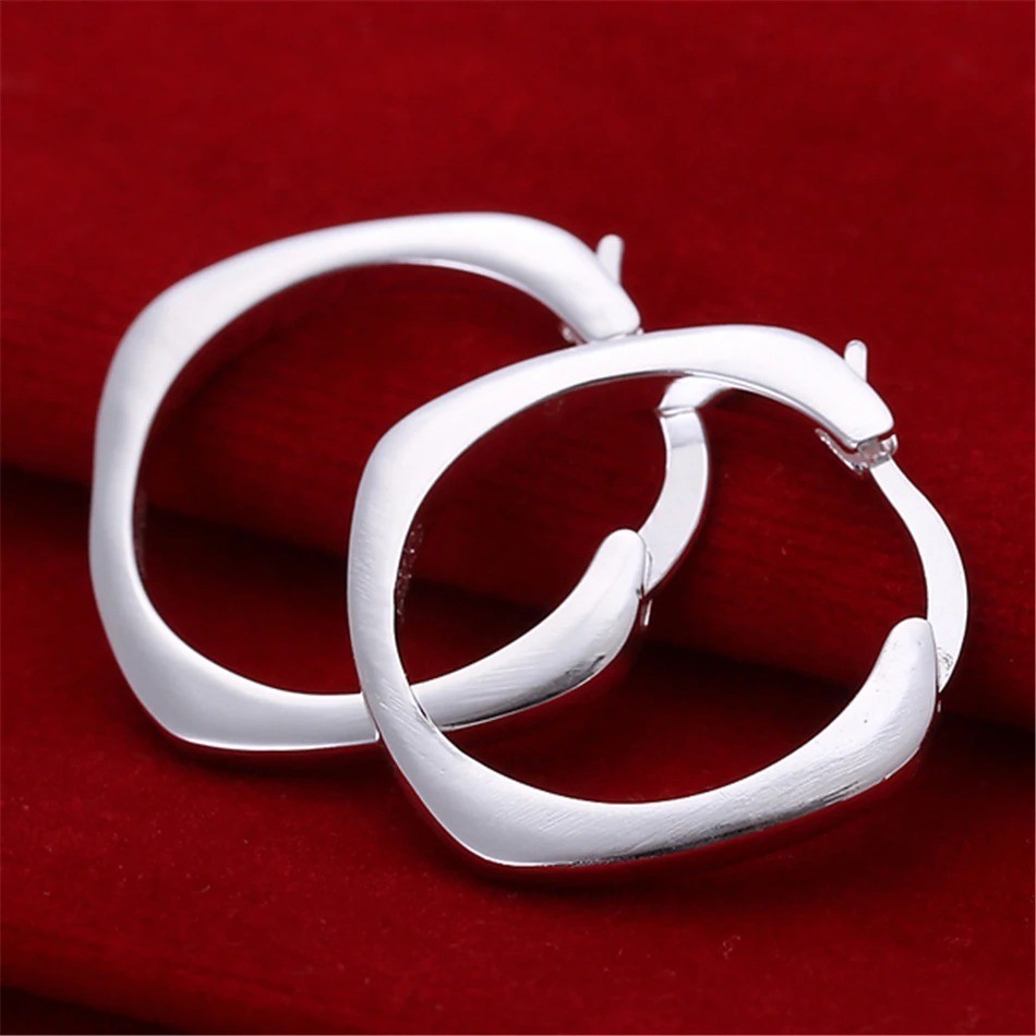 925 Sterling Silver Flat Square Round 20mm Hoop Earrings For Woman Wedding Engag