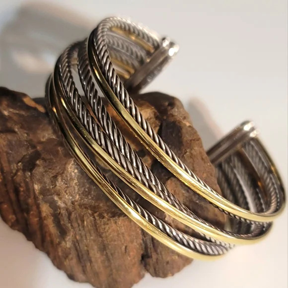 David Yurman Signed Cable Cuff Bracelet Two-Tone Sterling Silver 925