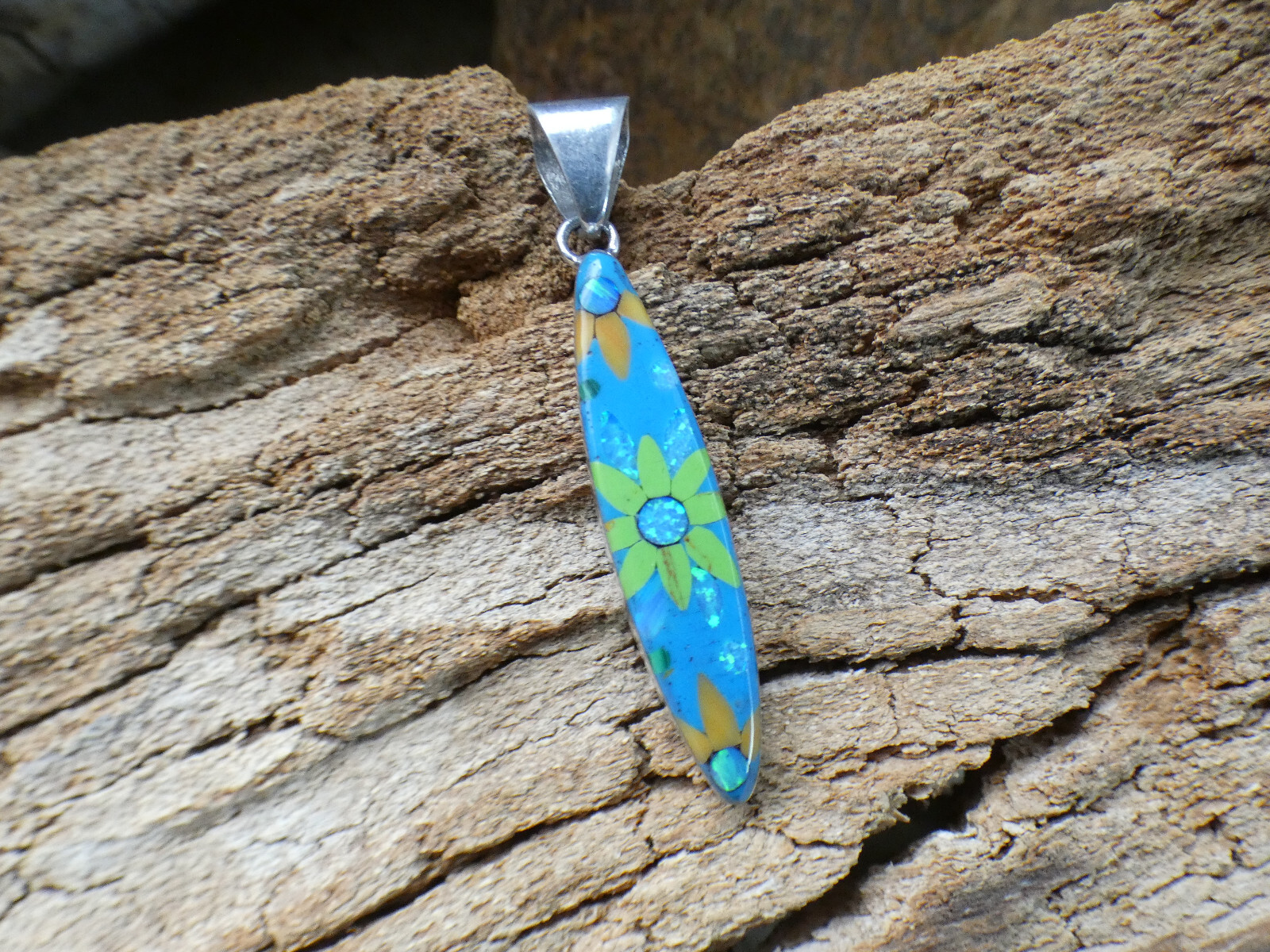 Daisy Gaspeite Multi Gemstone Opal Aluminum Sterling Silver Alloy Pendant AK78