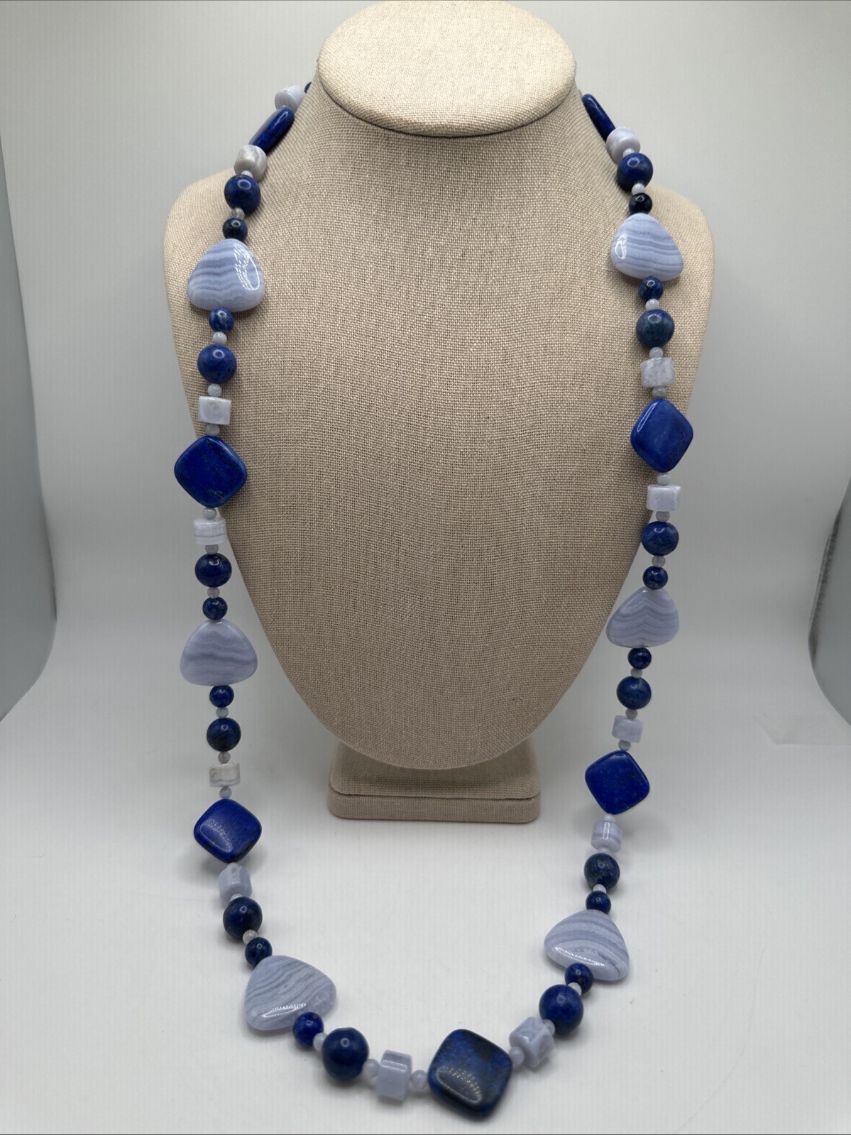 Jay King Lapis Lazuli and Blue Lace Agate Chunky Sterling Silver Necklace 35″