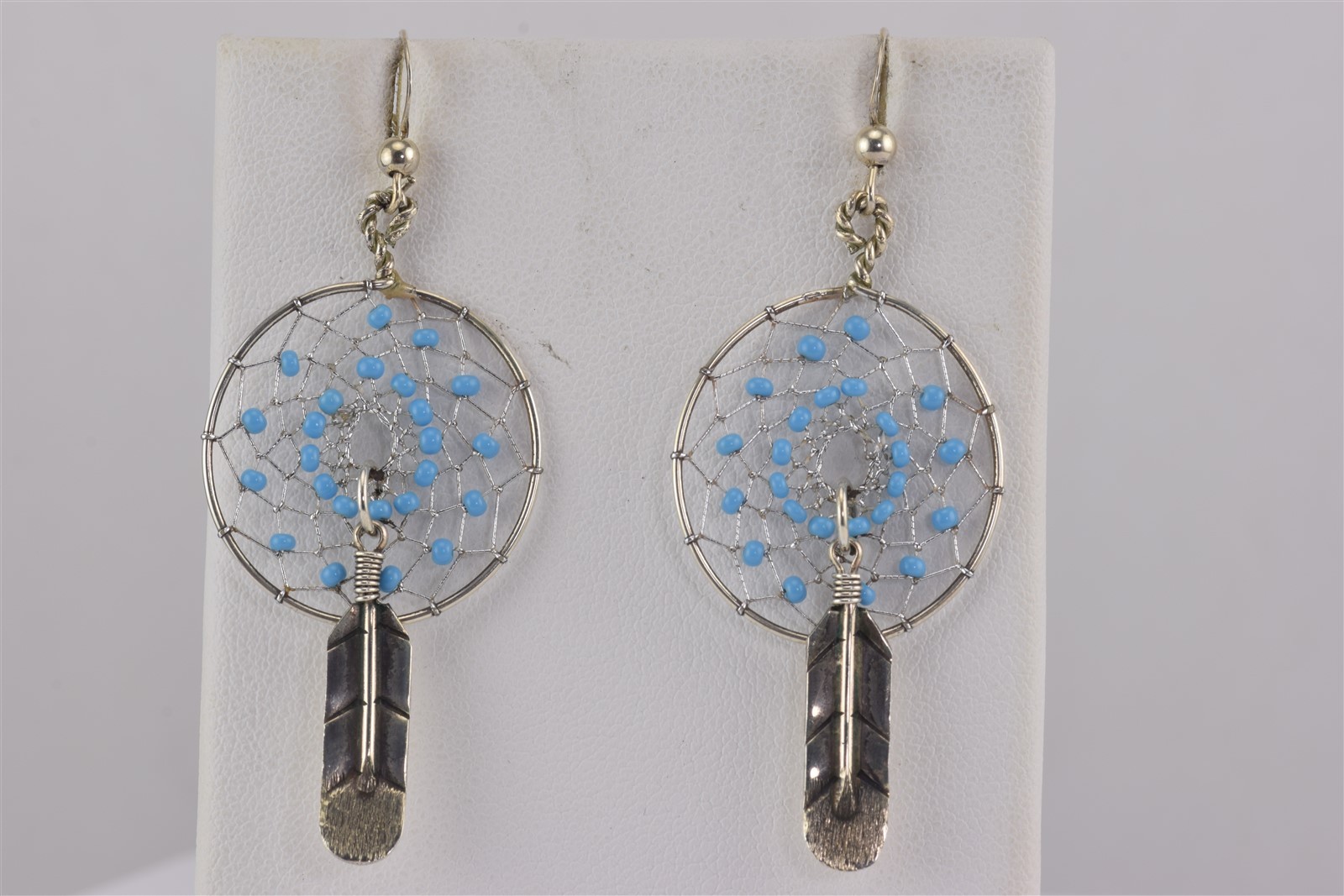 Sterling Silver Turquoise Accented Dream Catcher Dangling Feather Hook Earrings