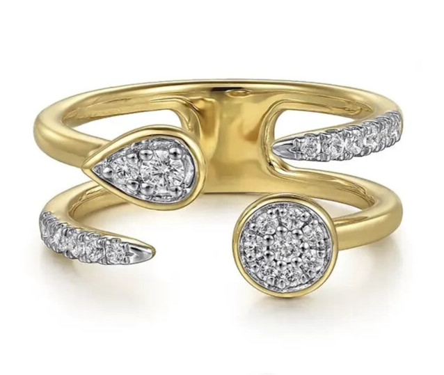 Round Lab Grown Diamond Women Pear & Round Cuff Ring In Solid 10K Yellow Gold