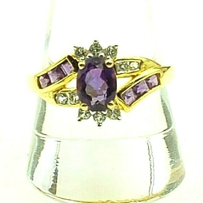 Sterling Sliver 925 Vermeil Purple Amethyst Flower CZ Burst Cocktail Band Ring