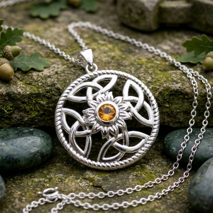 Silver Celtic Knot Pendant Necklace Sun Flower Orange Stone Purple Gift Pouch