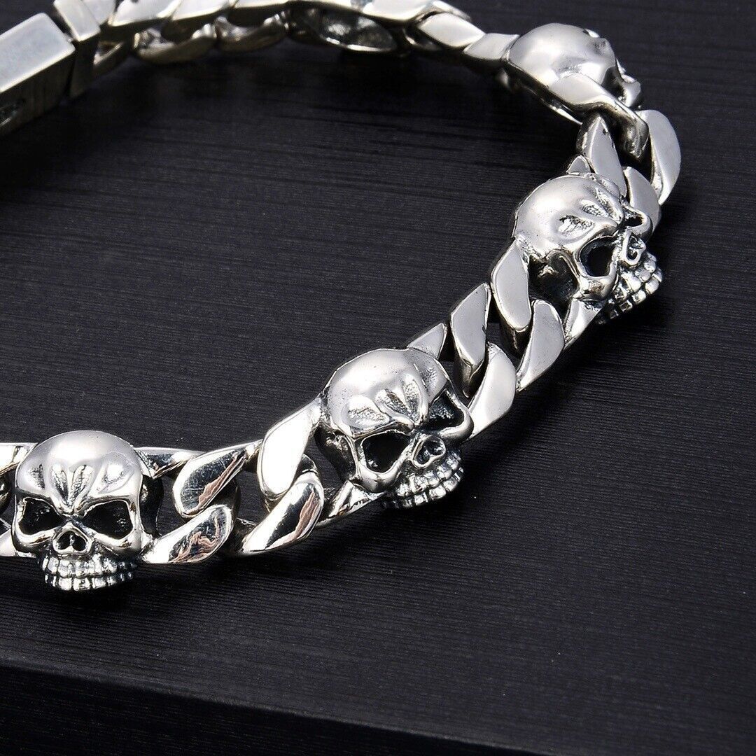 Heavy SOLID 925 Sterling Silver Cuban Curb Link Skull Chain Mens Hi-Hop Bracelet