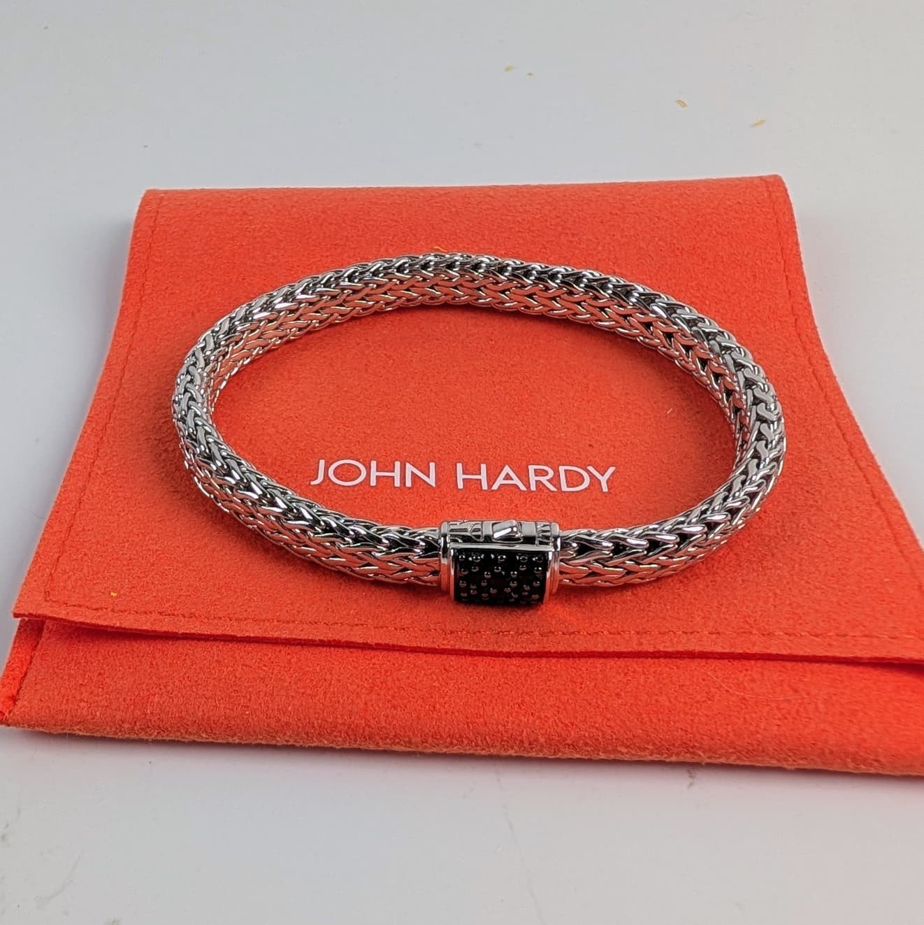 New John Hardy Silver Med Flat Chain Bracelet Black Sapphire Size UXL MSRP $995
