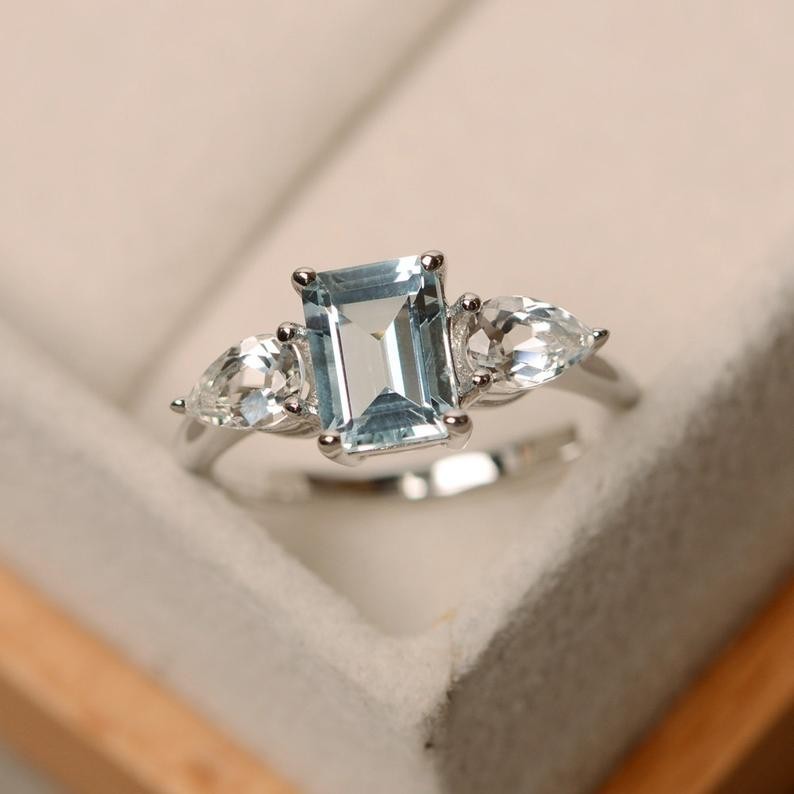3.00 Ct Emerald Cut Natural Aquamarine Diamond Ring 14K Solid White Gold Size 7