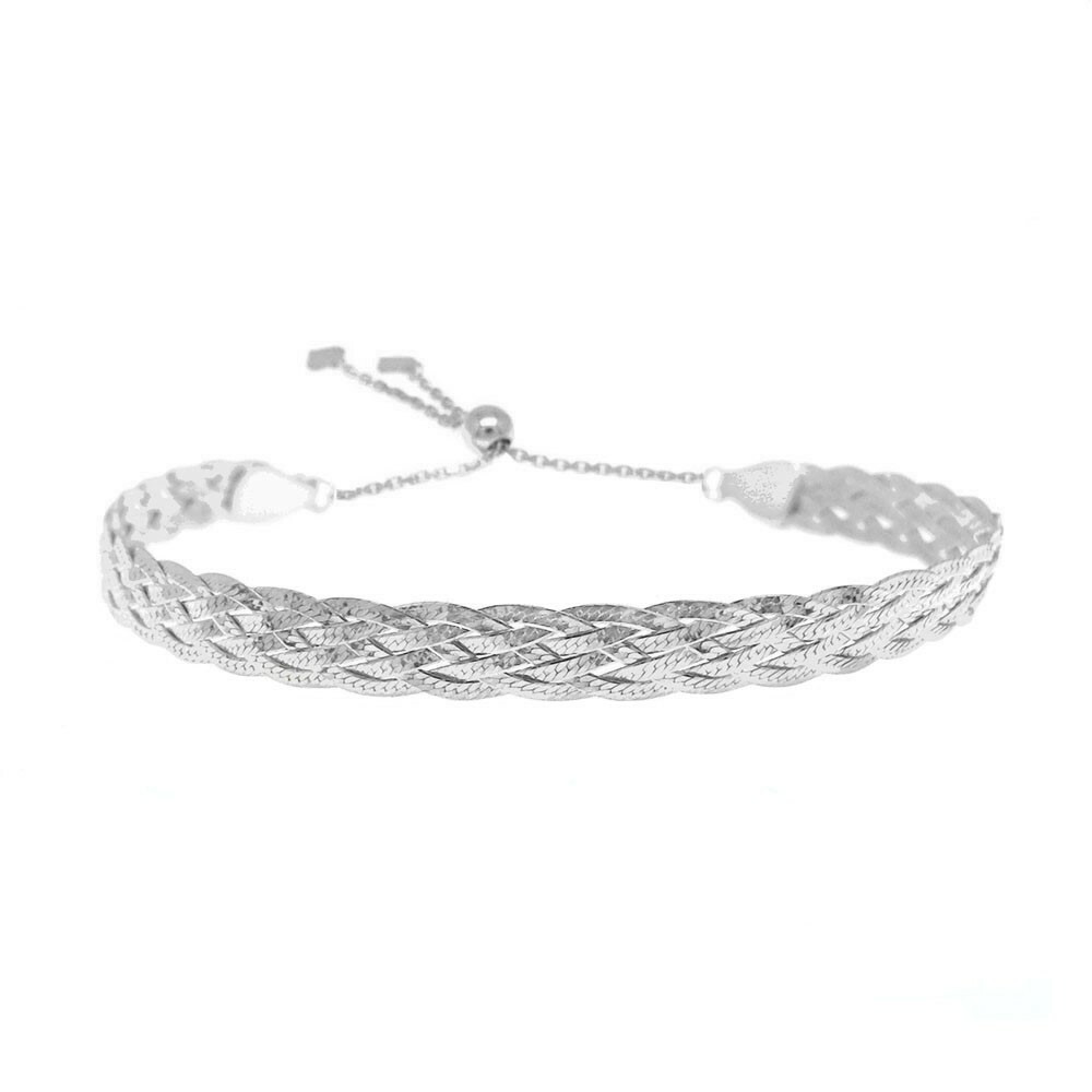 Italian Made 925 Sterling Silver Braided Herringbone Adjustable Bracelet