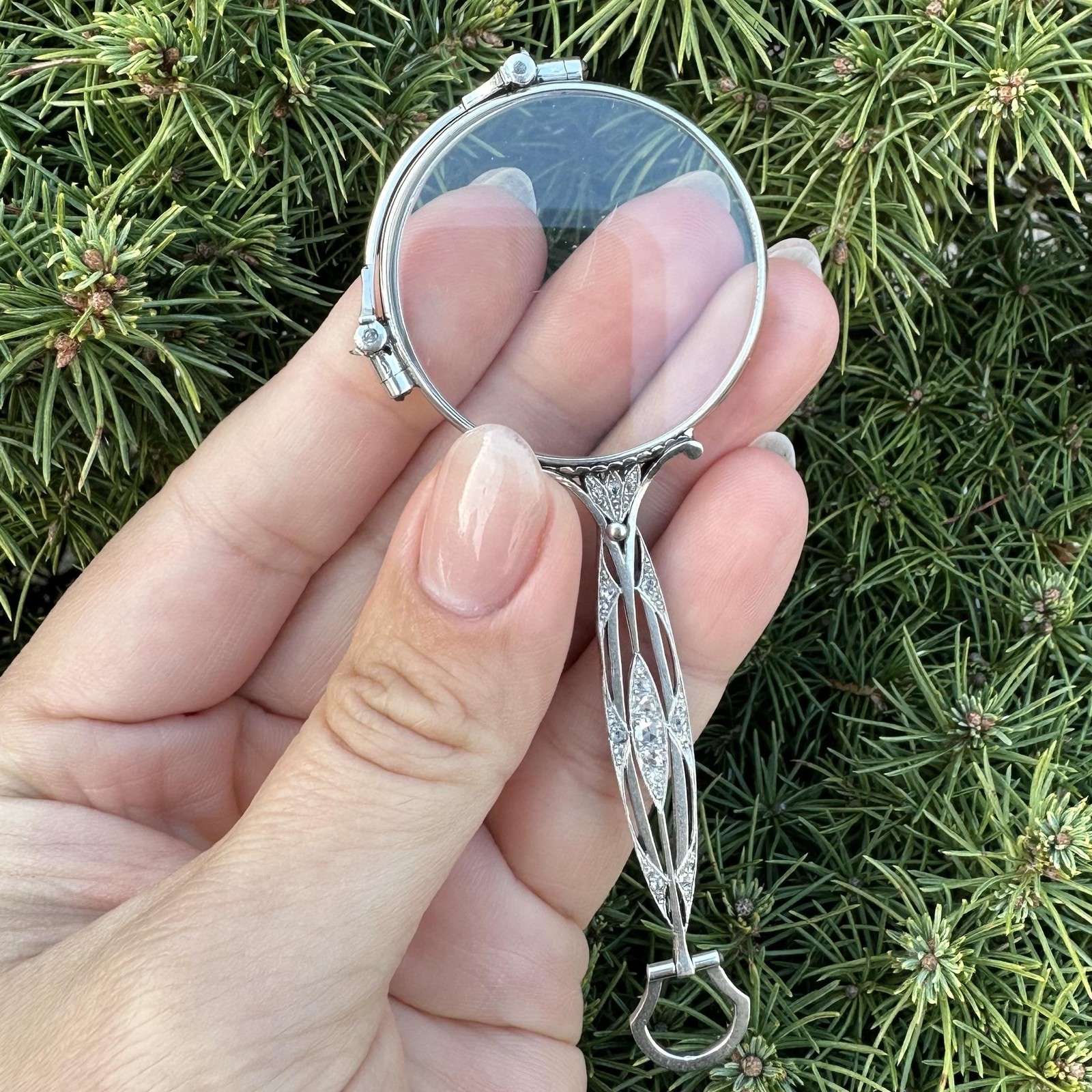 Antique Art Deco Lorgnette Platinum Rose Cut Diamond Pendant Glasses Magnifier
