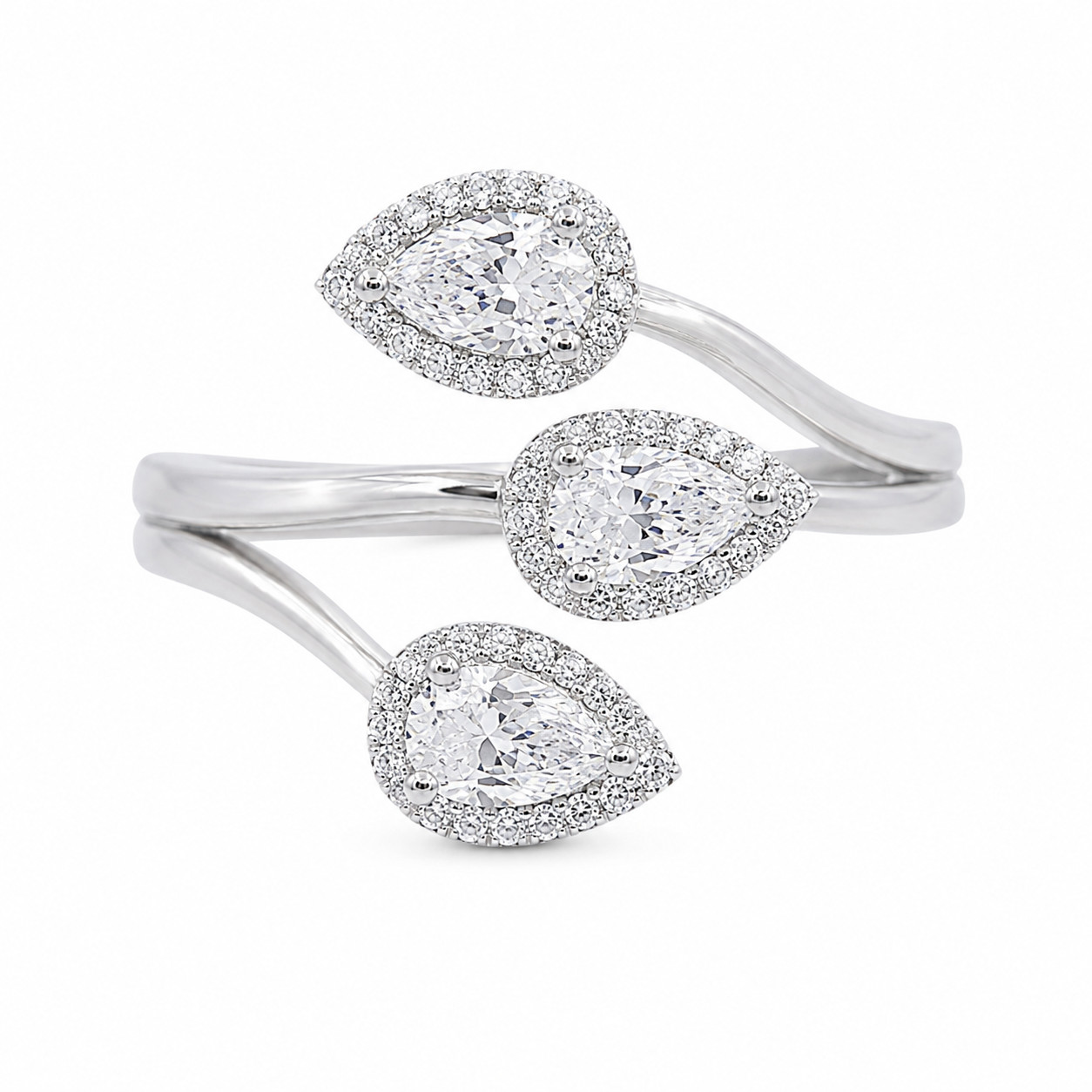 Pear CVD Lab Grown Diamond Three Stone Engagement Ring 14K White Gold