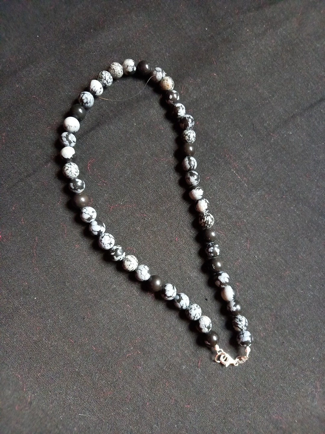 Natural Snowflake Obsidian 10mm Rounds 925 Sterling Silver Necklace 16in 40cm