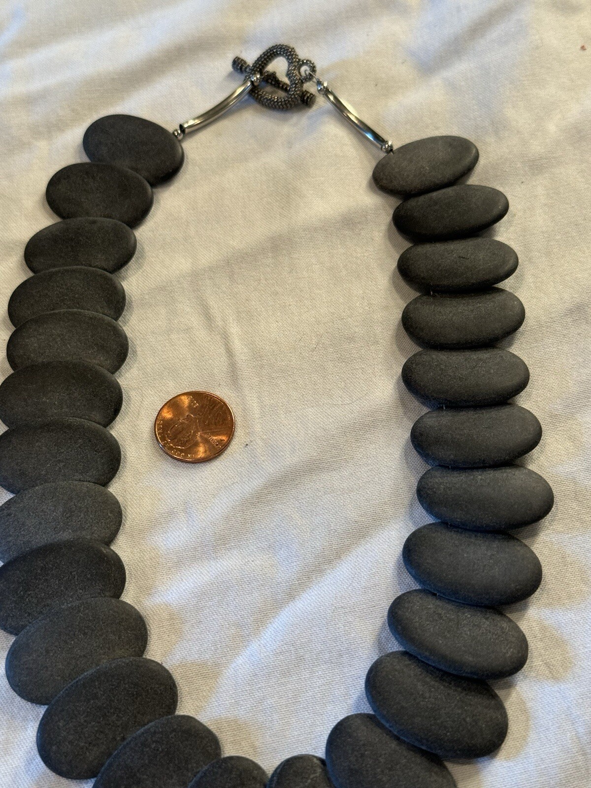 One-of-a-Kind Matte Black Onyx Oval Flat Beads Necklace W/Sterling Heart Clasp