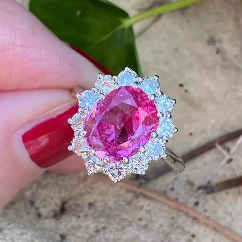 6.80 Ct Oval Cut Natural Pink Sapphire Diamond Ring 14K Solid White Gold Size 7