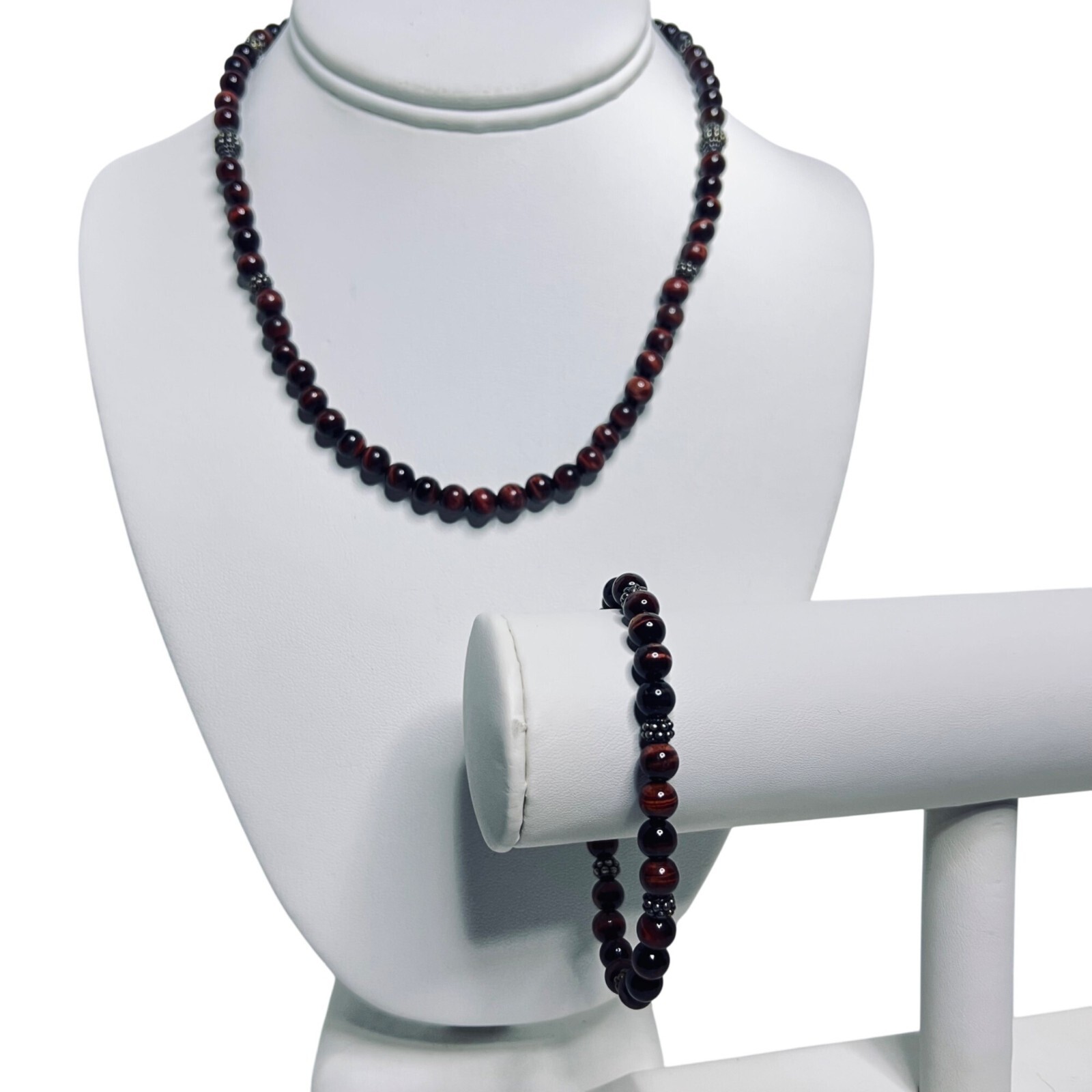 Sterling Silver & Brown Cats Eye Beaded Necklace 17″ W/ Matching Bracelet (5921)