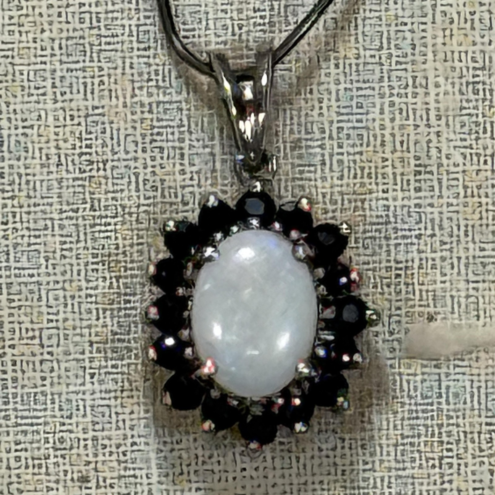 White Opal Dark Blue Halo Oval Cabochon Pendant Sterling Silver Necklace Jewelry