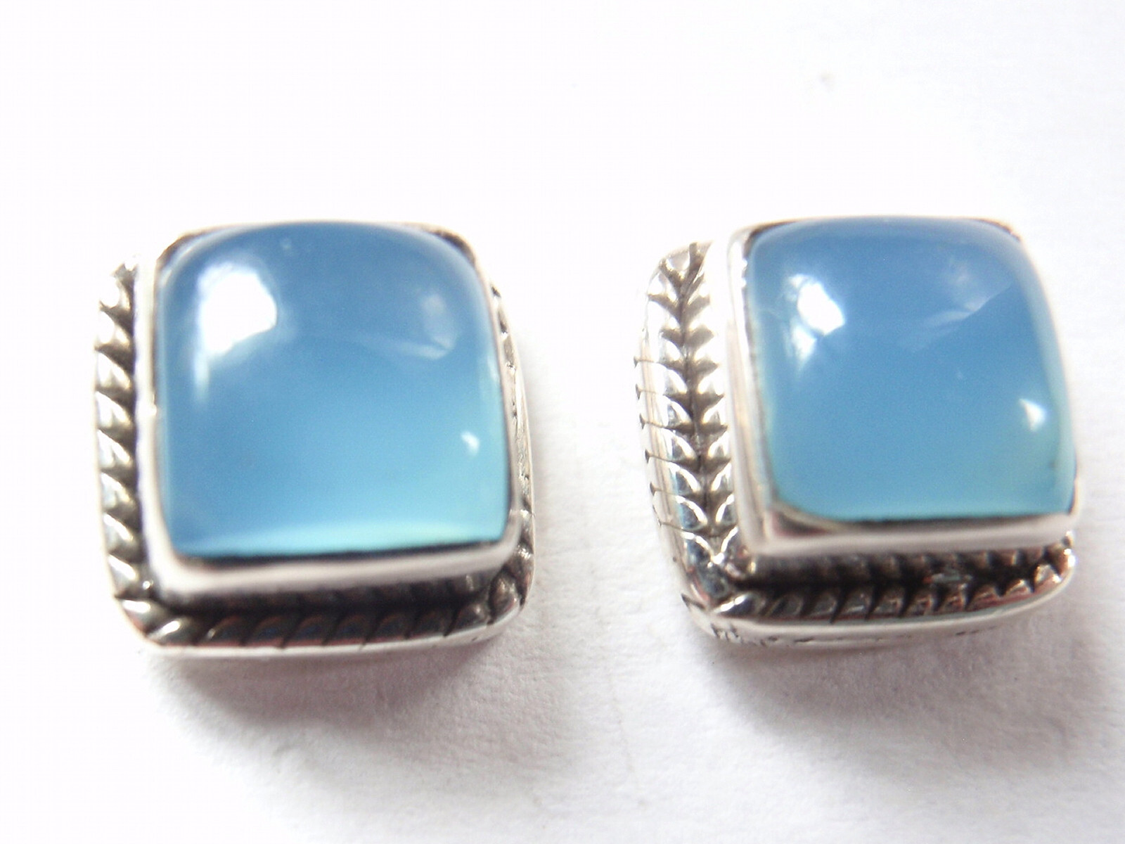 Chalcedony Square 925 Sterling Silver Stud Earrings with Rope Style Accents