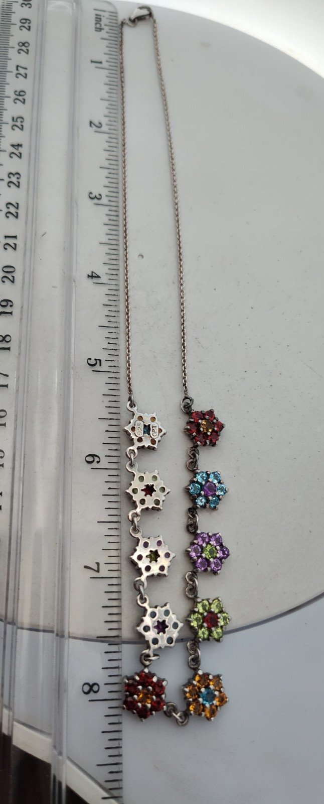 Designer “CPT” Sterling Silver Multi Rainbow Gem Necklace Flower Design