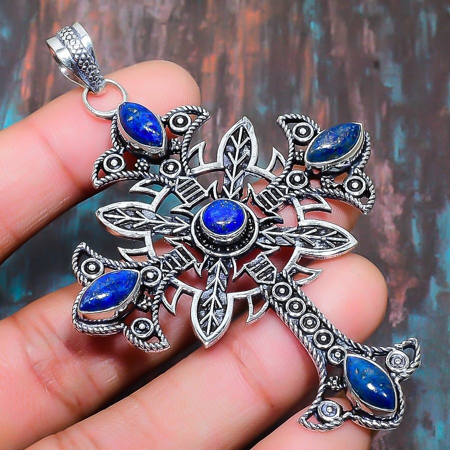 Cross Lapis Lazuli Gemstone Handmade Gift Jewelry Pendant 3.35″ y471