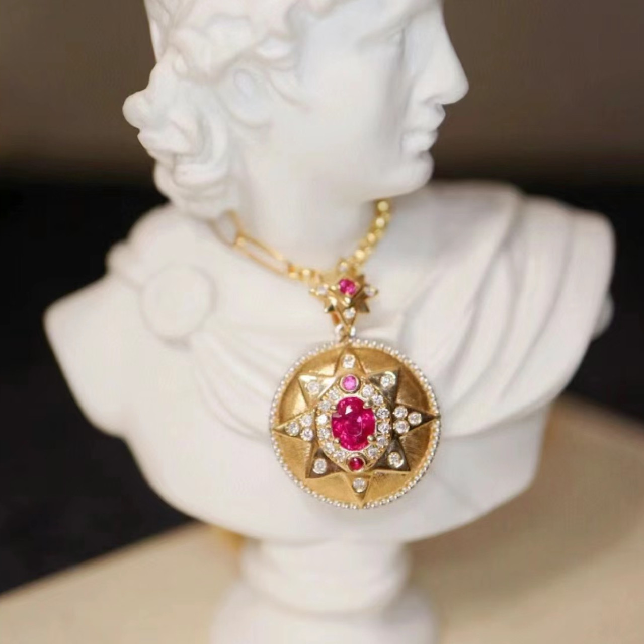 Exotic Charm Asterism Lab Created Ruby Natural Diamond Pendant 14K Yellow Gold