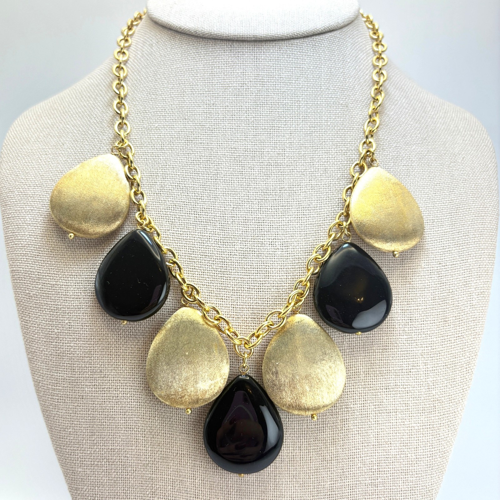 Black Onyx & Gold Teardrop Statement Necklace Gold Over 925 Sterling Silver 18″