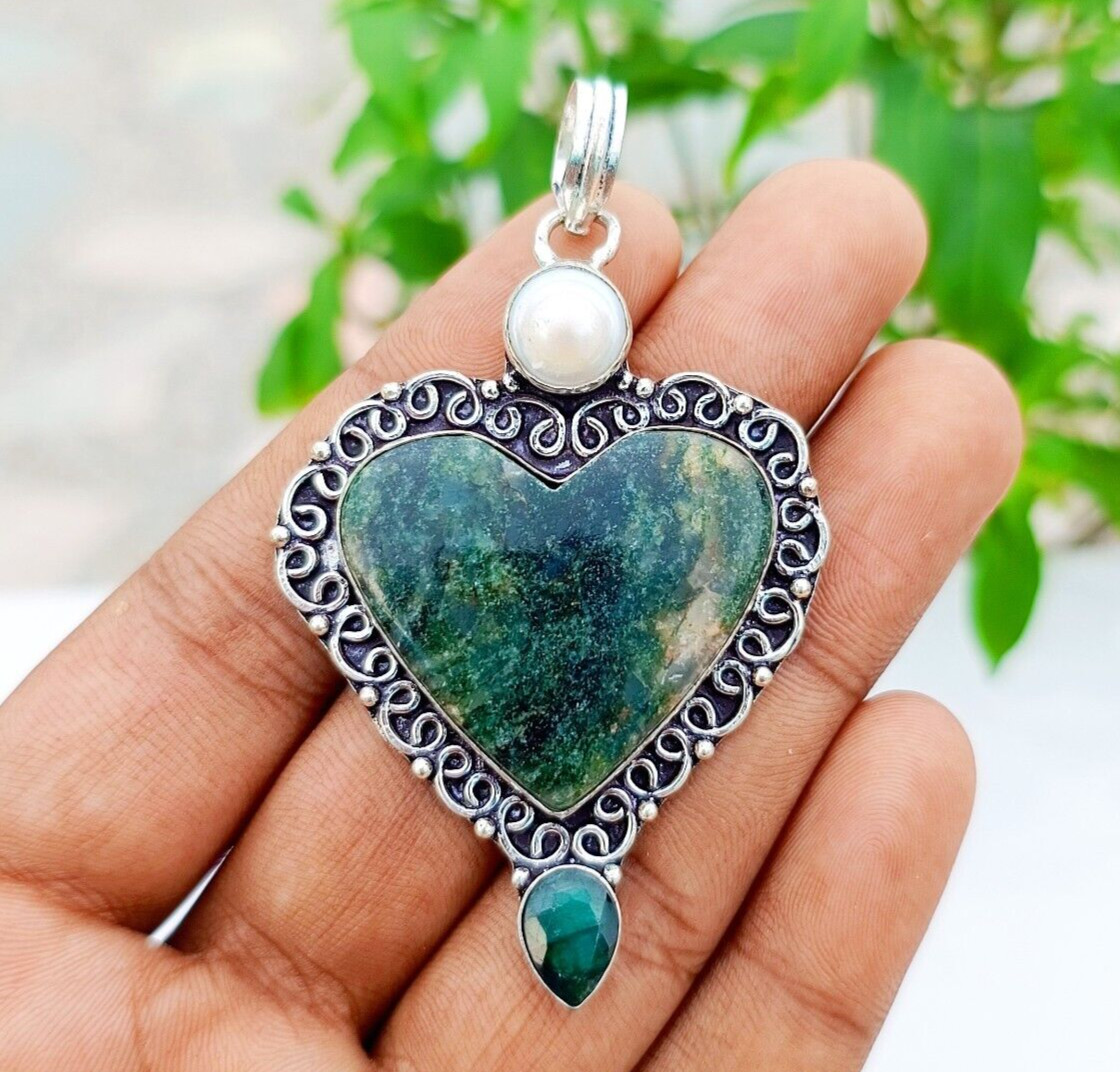 Tree Agate Gemstone Hear Shape Pendant 925 Sterling Silver Handmade Jewelry