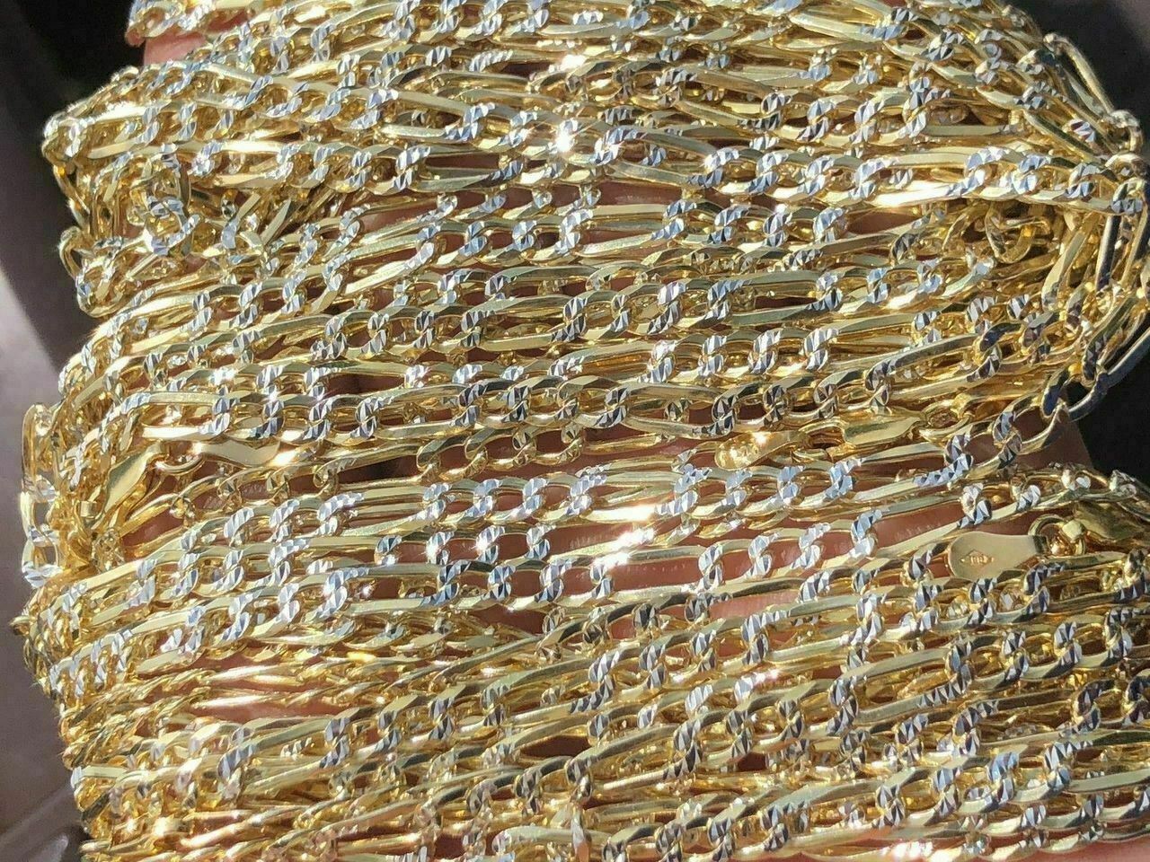 Figaro Chain Two Tone 14k Gold Plated Solid 925 Silver Diamond Cut Men Women 4mm