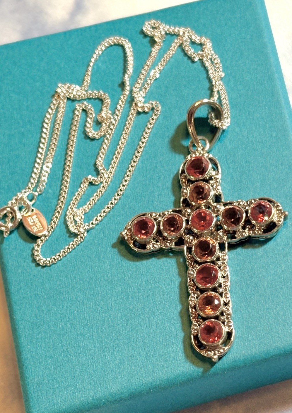 Nicky Butler Sterling Silver CROSS Watermelon & Sunset Quartz Pendant Necklace