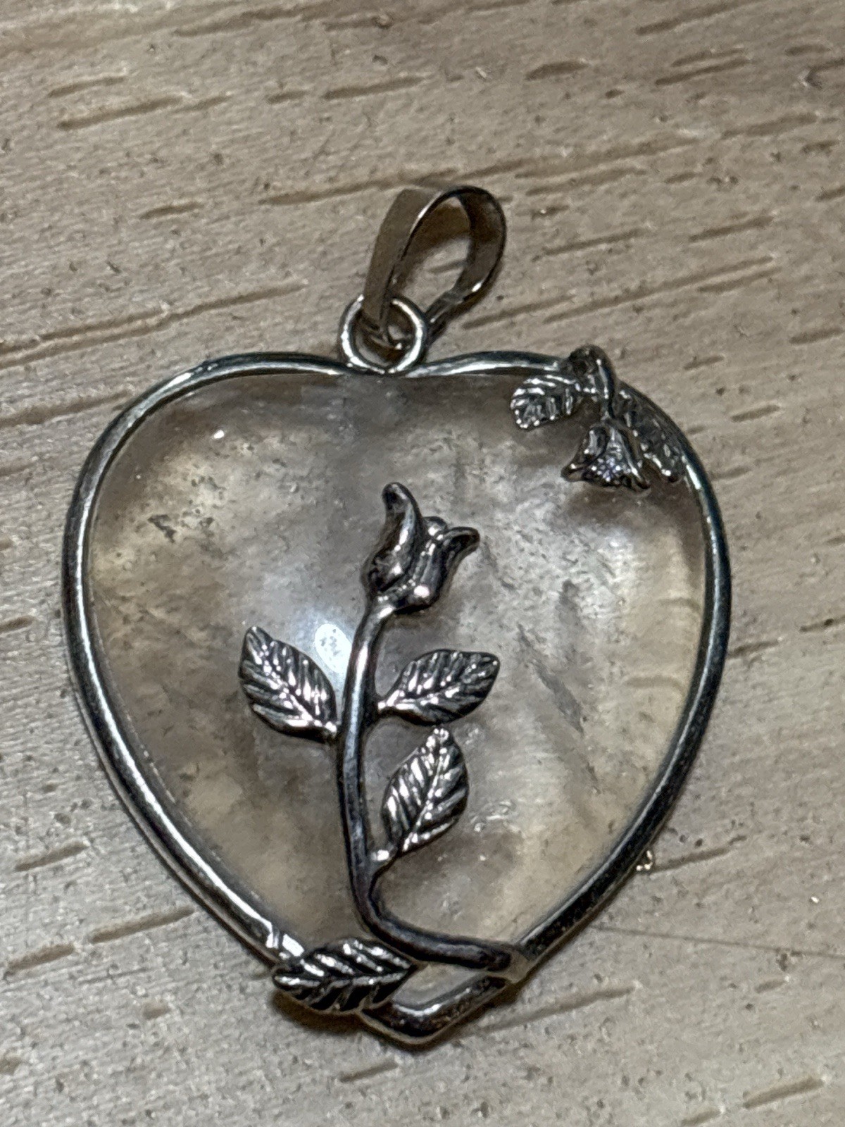 Estate Jewelry Sterling Silver 925 Quartz Crystal Pendant With Rose