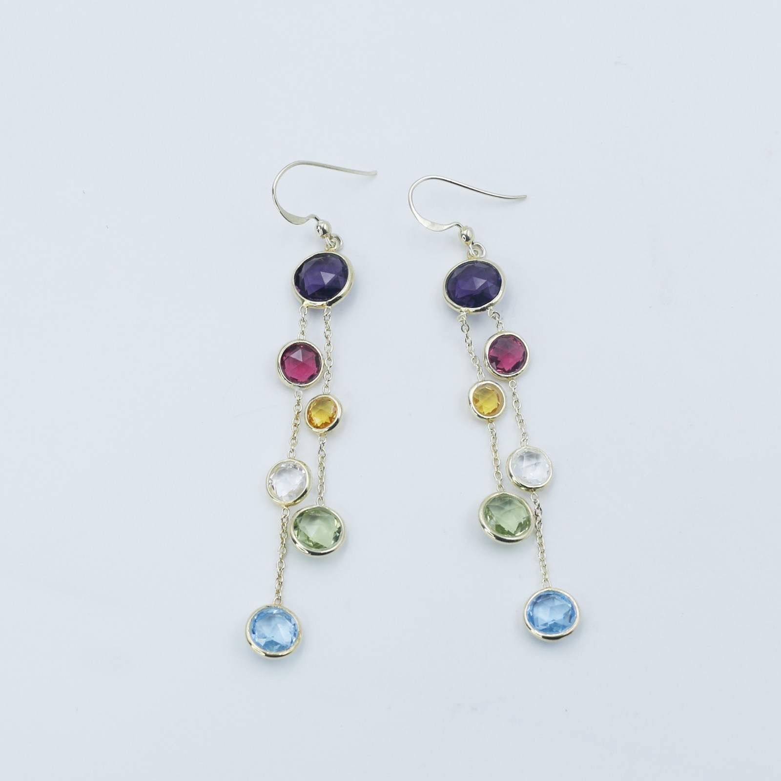 Natural Multi Gemstone Solid 14k Yellow Gold Drop Dangle Long Chain Earring