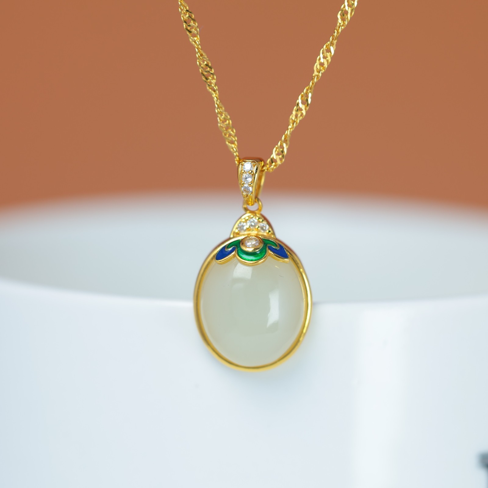 S925 Silver Jade Oval Pendant With Two Tone Enamel And Gift Box