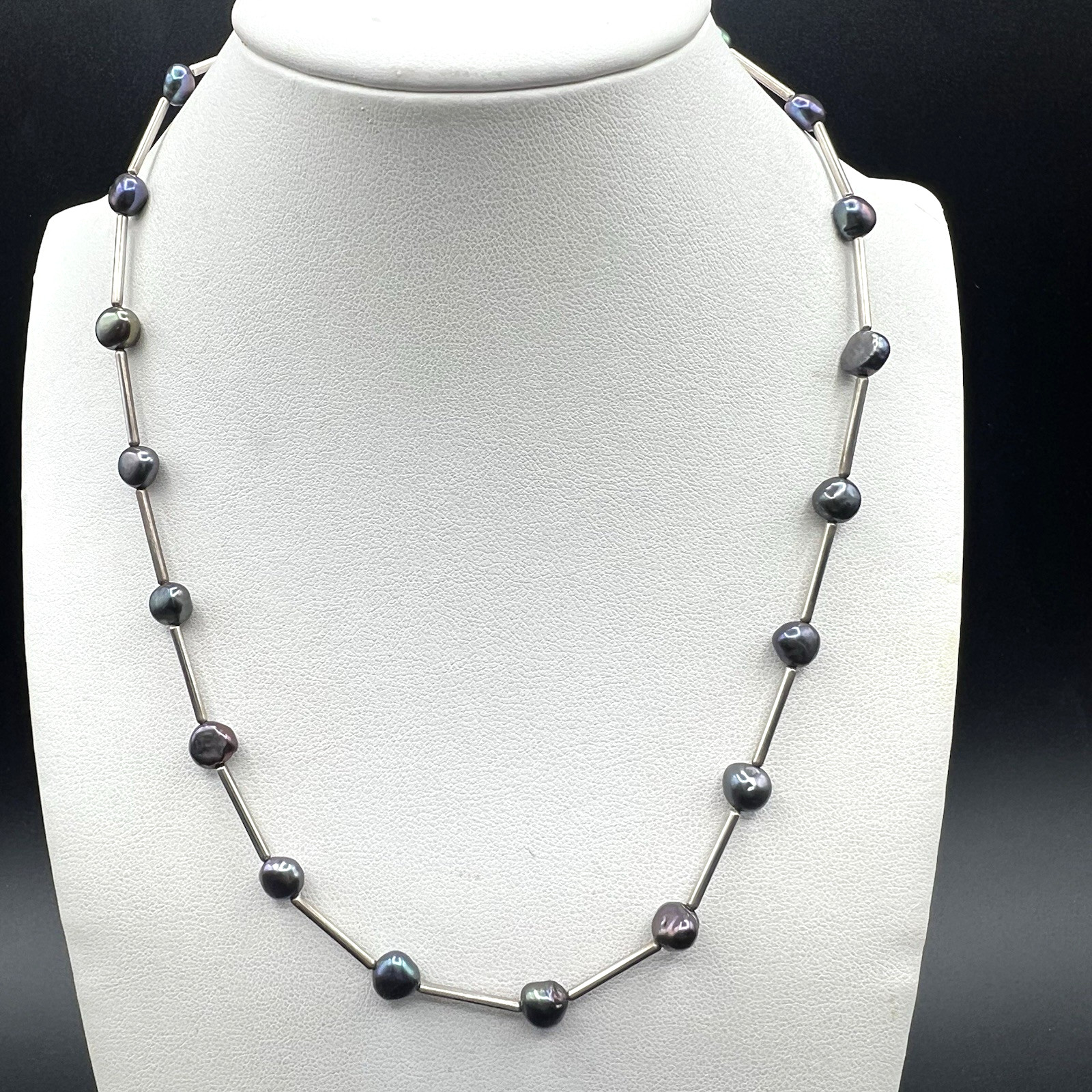 Vintage Peacock Pearls 925 Sterling Silver Tube Beads Station Choker Necklace