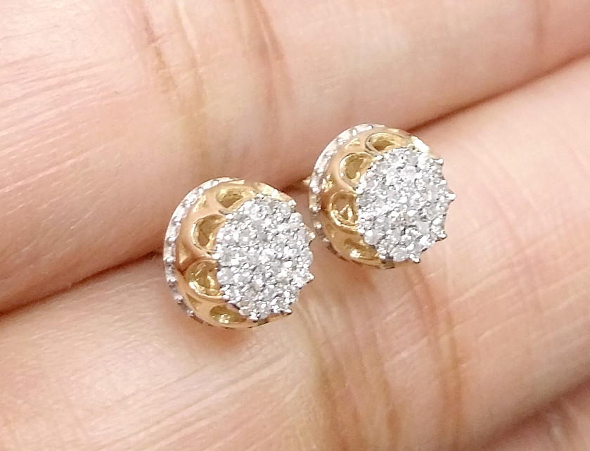 DEAL! 10K Gold Real Diamond Studs 6.40mm Men’s 3D Pave Earrings 0.15 CT