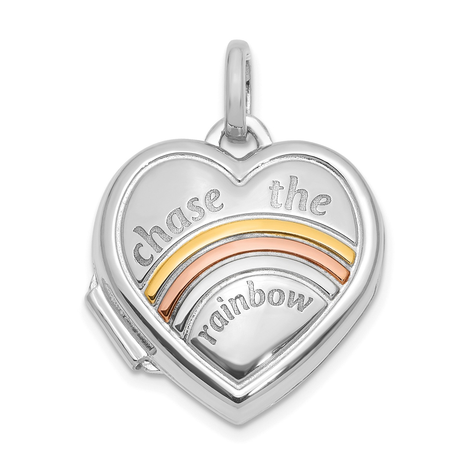14k White Gold Heart Locket Pendant Tricolor Rainbow Engraved Motivational Jewel