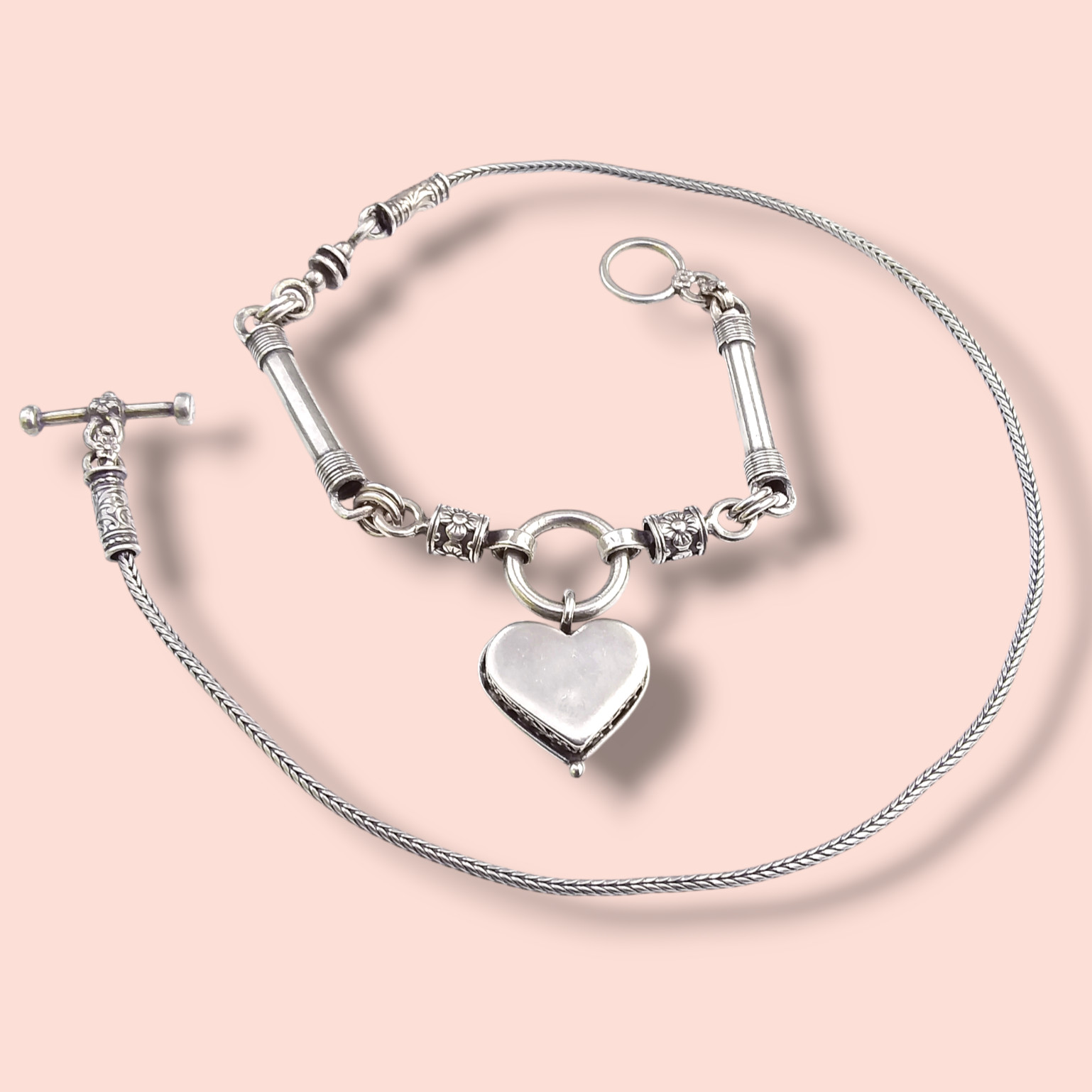 Shablool Didae Sterling Silver Necklace Heart Pendant Foxtail Chain 16.5in