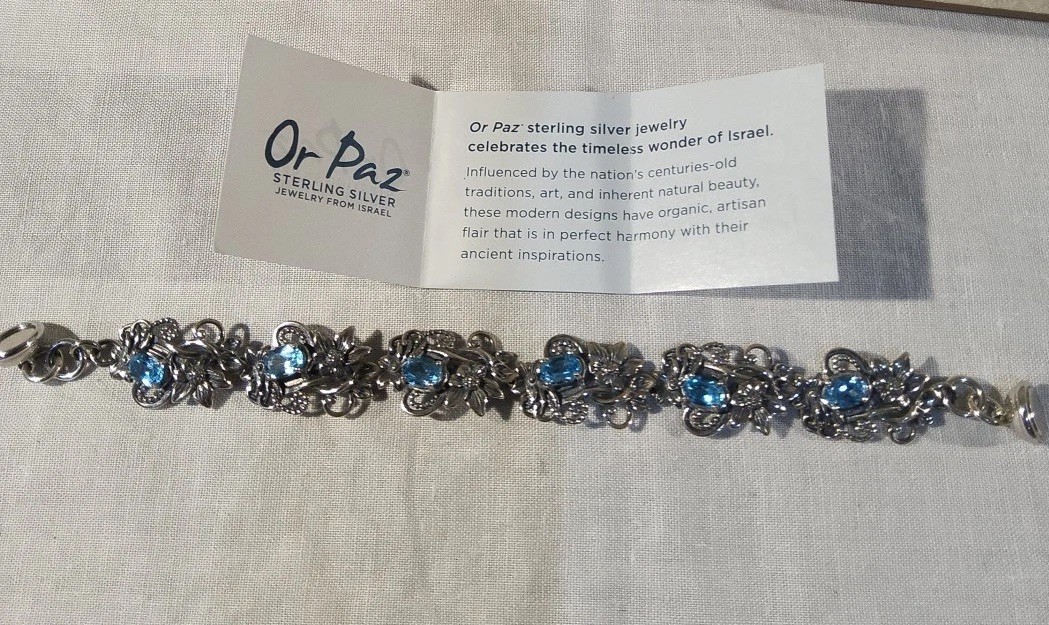 NWT OR PAZ STERLING SILVER 925 FLORAL BLUE TOPAZ TENNIS BRACELET MAGNETIC 7”