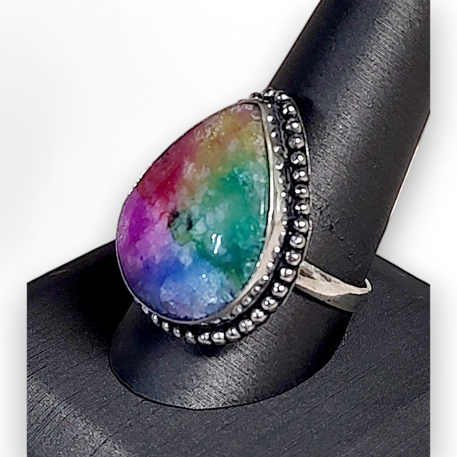 Huge Rainbow Quartz Vibrant Teardrop Cabochon Silver Tone Statement Ring 11
