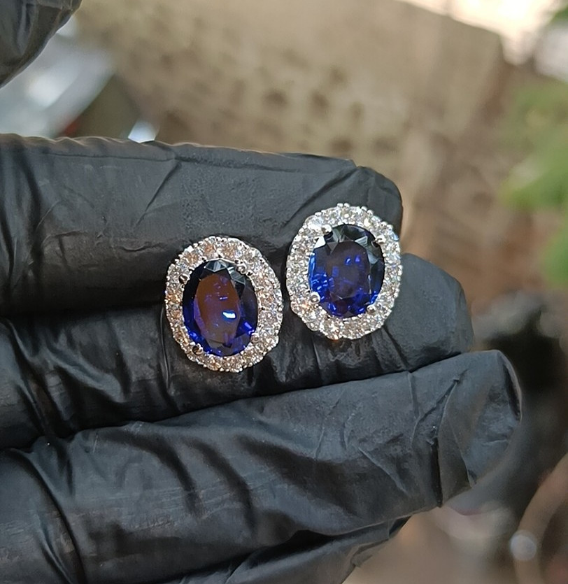 1.20Ct Oval Cut Lab-Created Sapphire Halo Stud Earrings 14K White Gold Plated