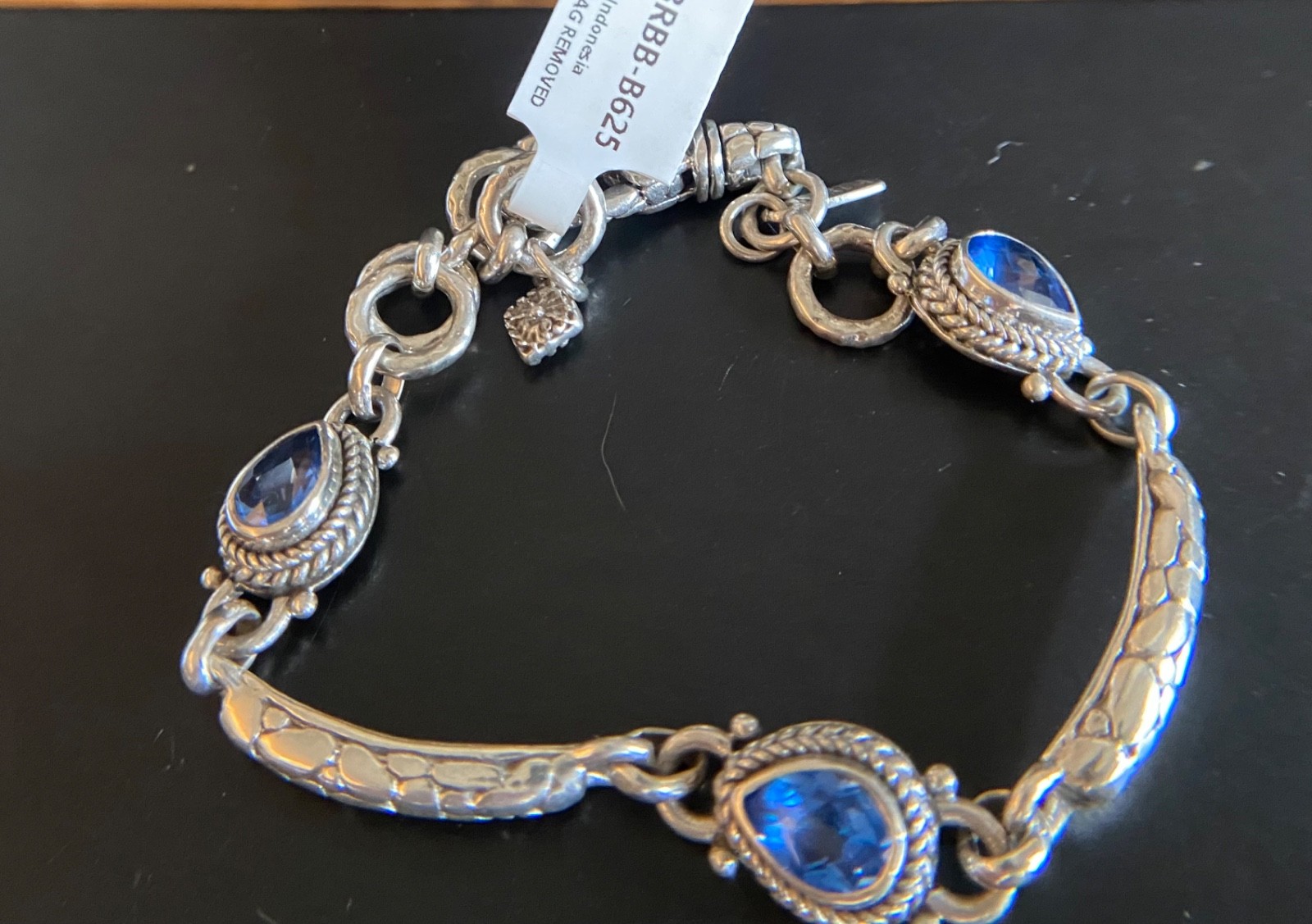 Sarda,Bali Made, 3 Stone “Bali Blue” Topaz &Sterling Adjustable Bracelet- 2 Szs
