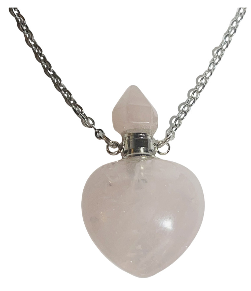 Rose Quartz – Essential Oils / Perfume Bottle Heart Necklace – Love, Compassion