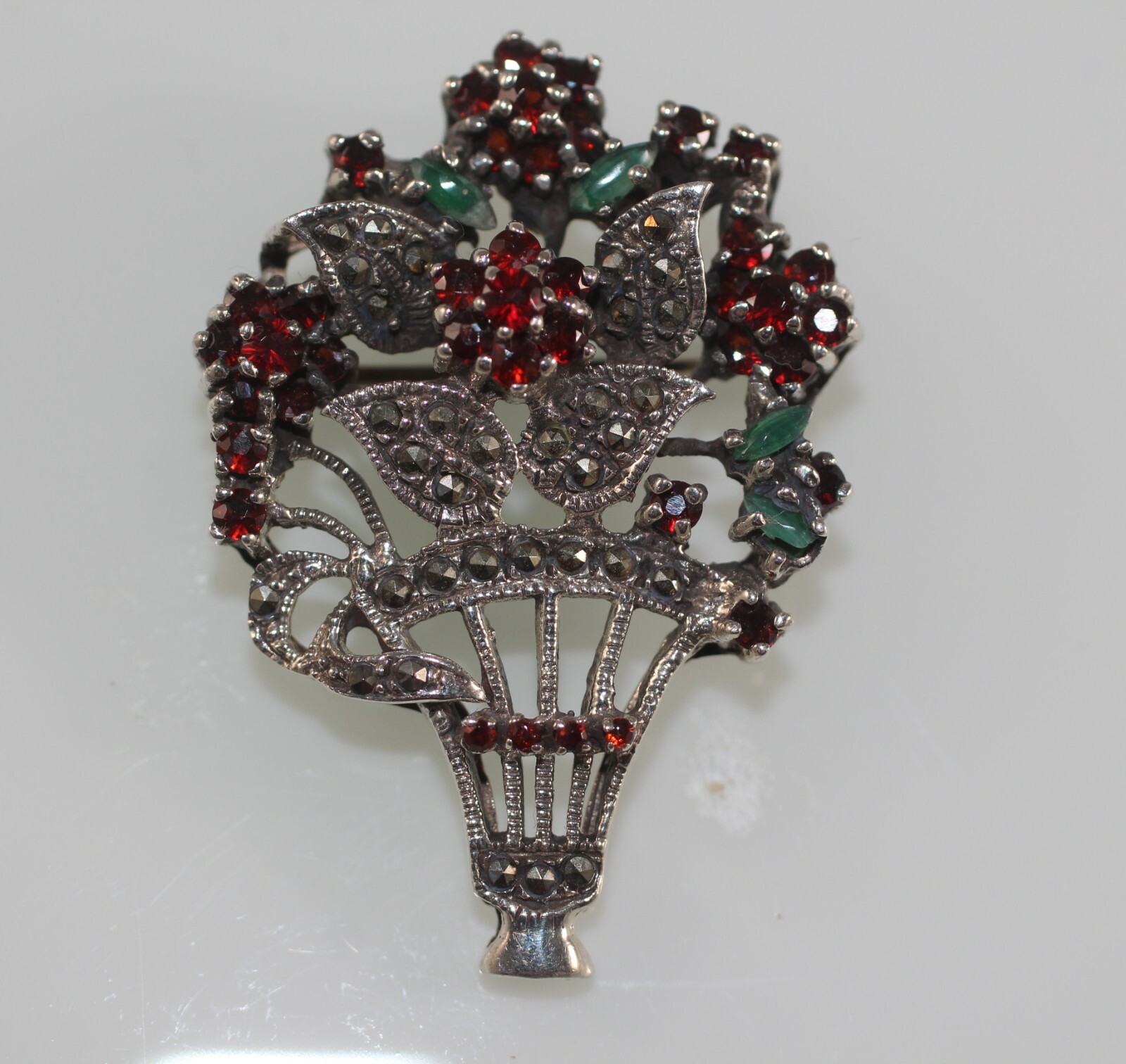 Vintage Sterling Silver Marcasite with Garnet & Emerald Flower Vase Brooch