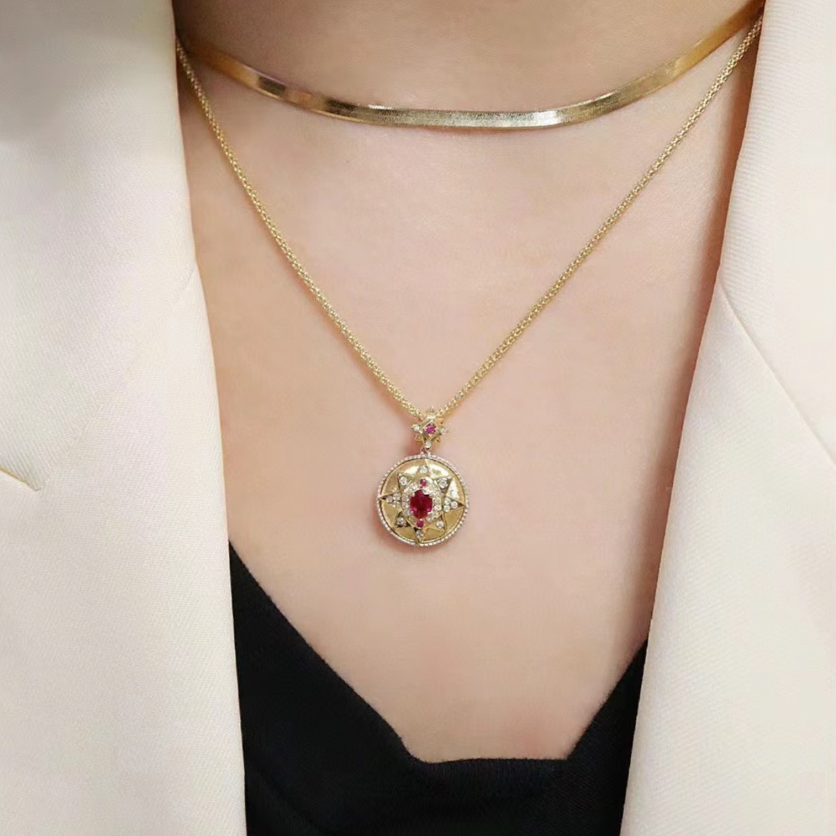 Exotic Charm Asterism Lab Created Ruby Natural Diamond Pendant 14K Yellow Gold
