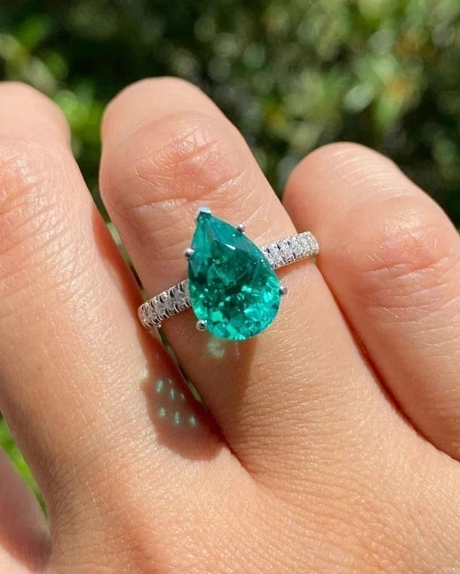 2.50CT Pear Cut Lab-Created Emerald Engagement Ring 14K White Gold Plated