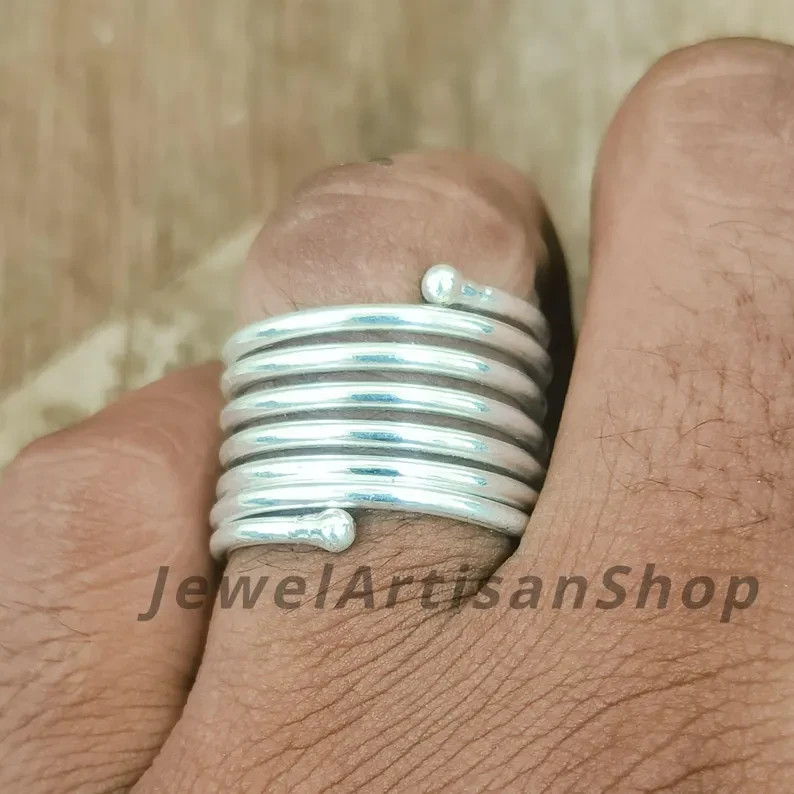 925 Sterling Silver Coil Ring-Adjustable Spiral Band-Silver Wire Wrap Ring-Handm