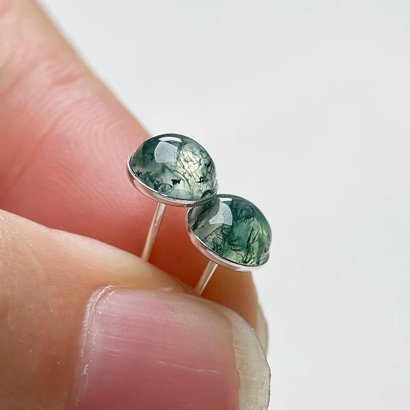 Natural Moss Agate Gemstone 6mm Stud Earrings 925 Sterling Silver Gift