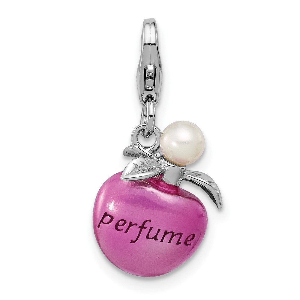 Sterling Silver Magenta Enameled Perfume Bottle & Cultured Pearl Charm