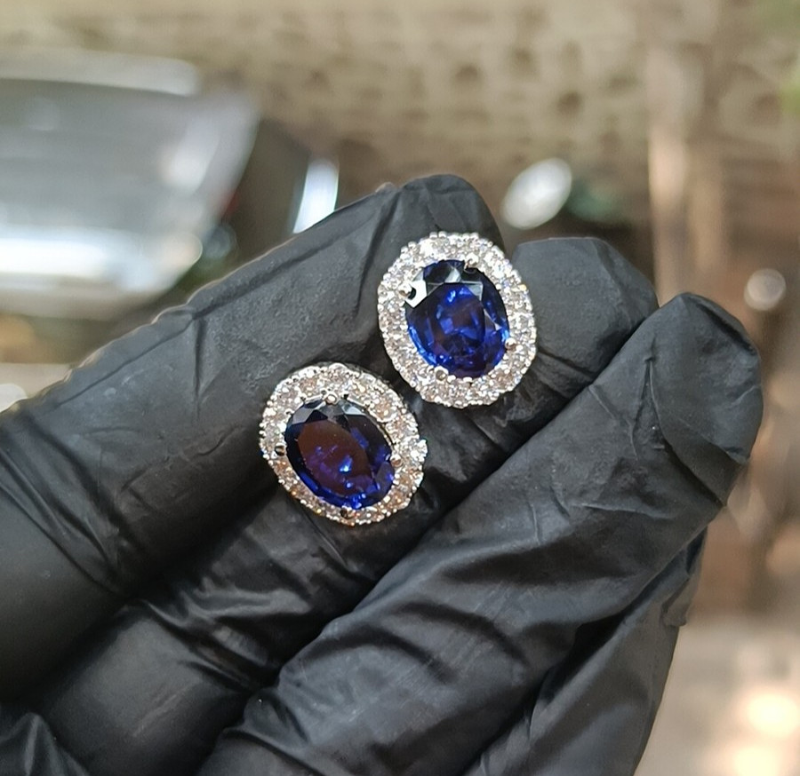 1.20Ct Oval Cut Lab-Created Sapphire Halo Stud Earrings 14K White Gold Plated